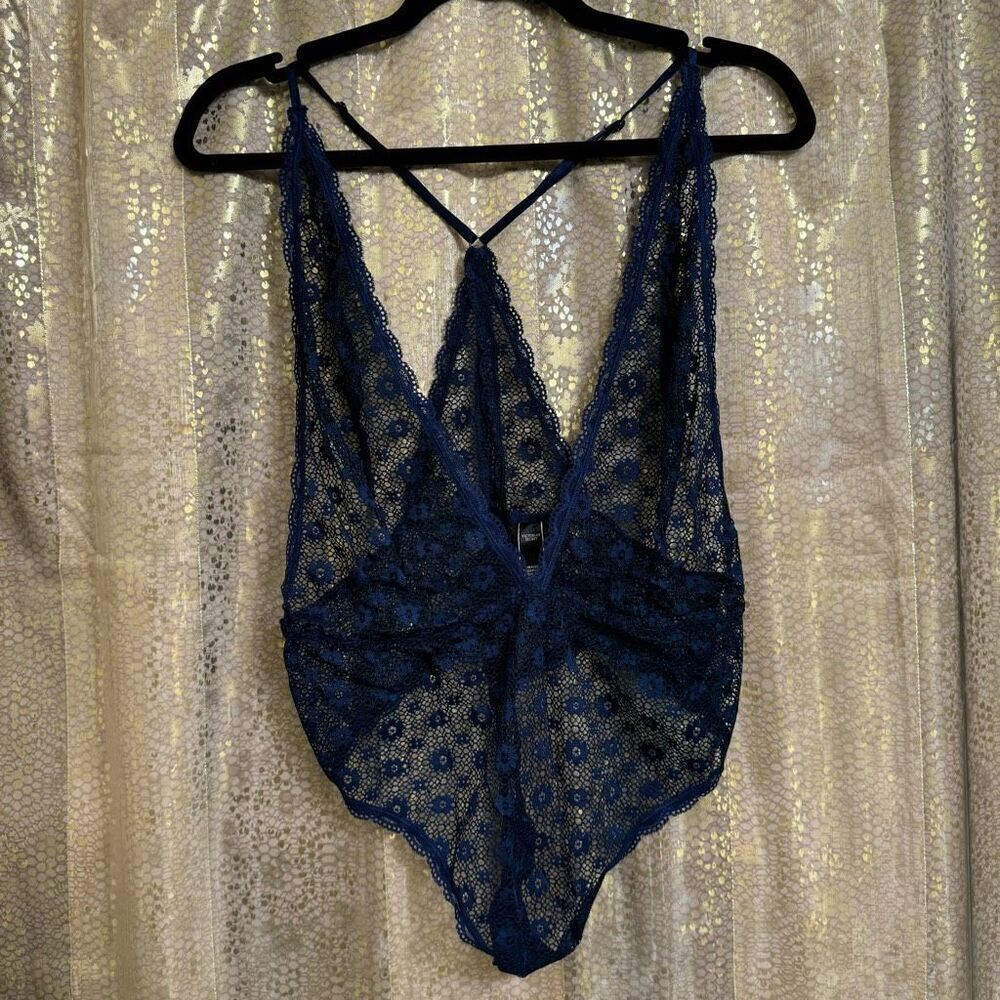 Victorias Secret Navy Blue Fully Lace One Piece Lingerie Bodysuit Large NWOT
